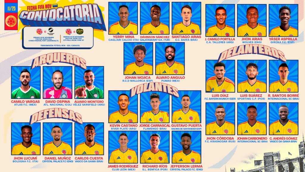 Gómez, Cuesta, Carbonero, Carrascal, Borré e Arias são convocados pela Colômbia