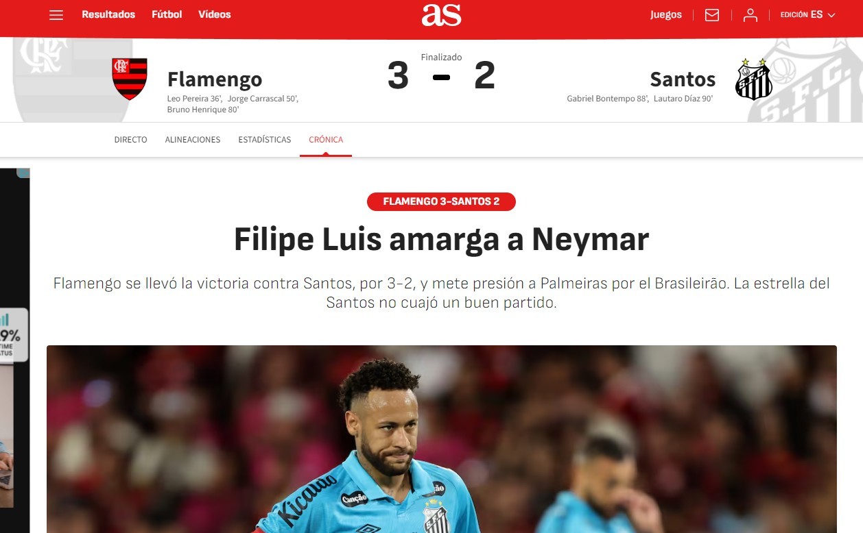 Jornal critica atuação de Neymar contra o Flamengo: "Lento e sem ritmo"